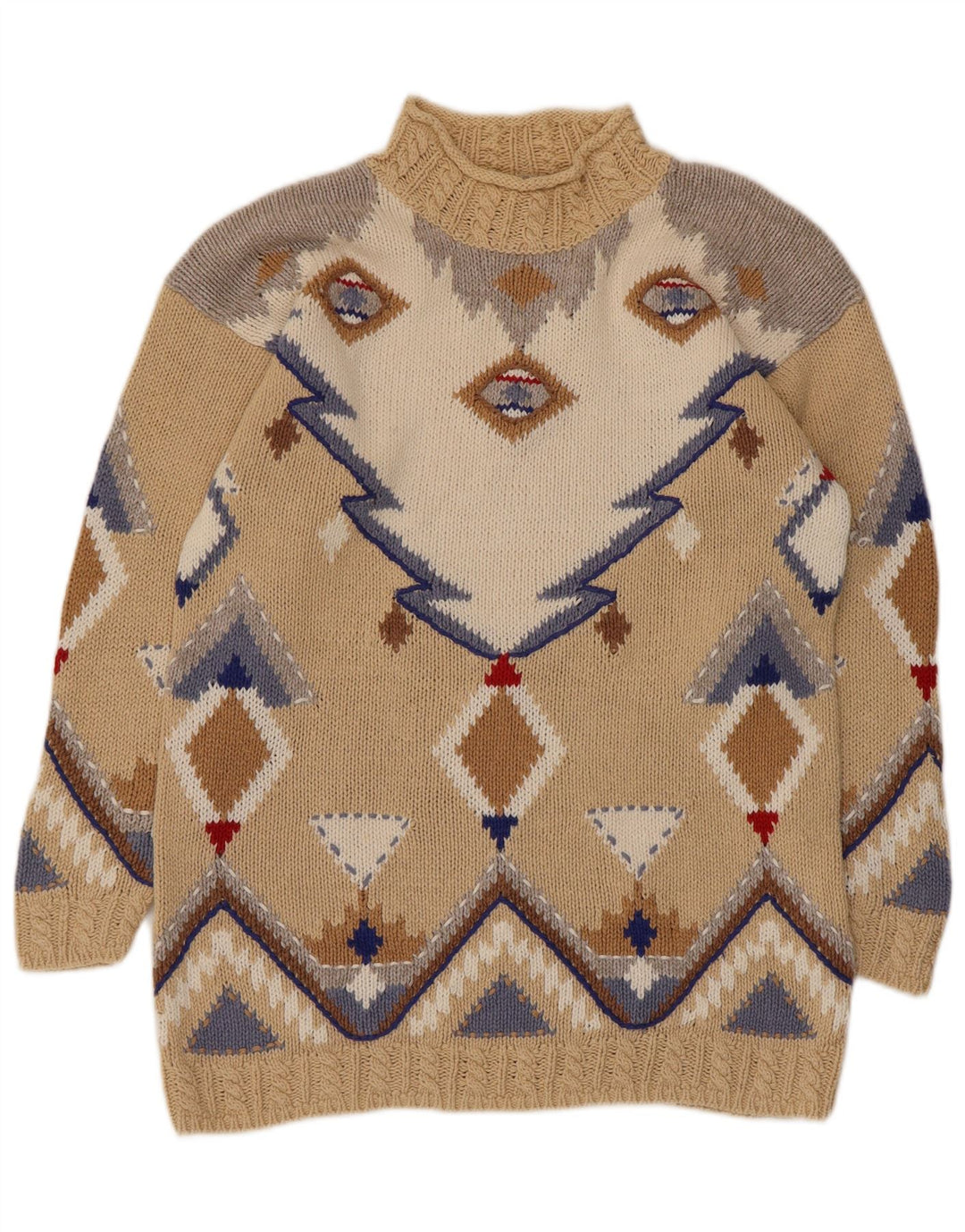 Vintage Damen Rollkragenpullover Pullover UK 10/12 Small Beige Geometrisch