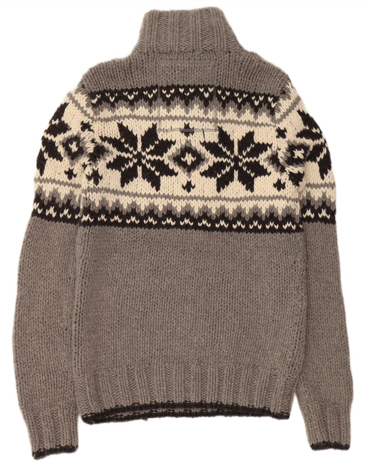 SUPERDRY Herren-Pullover mit Knopfkragen, groß, graue Fair-Isle-Wolle