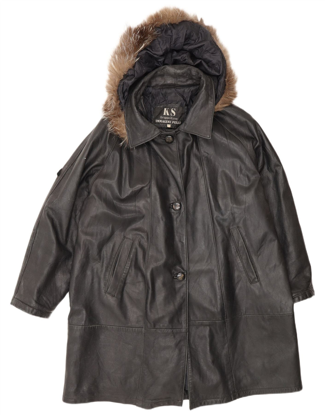 Kiros Damen-Übergroßer Ledermantel mit Kapuze IT 48 XL Schwarz