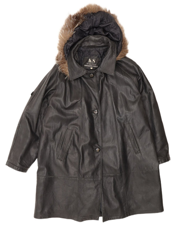 Kiros Damen-Übergroßer Ledermantel mit Kapuze IT 48 XL Schwarz