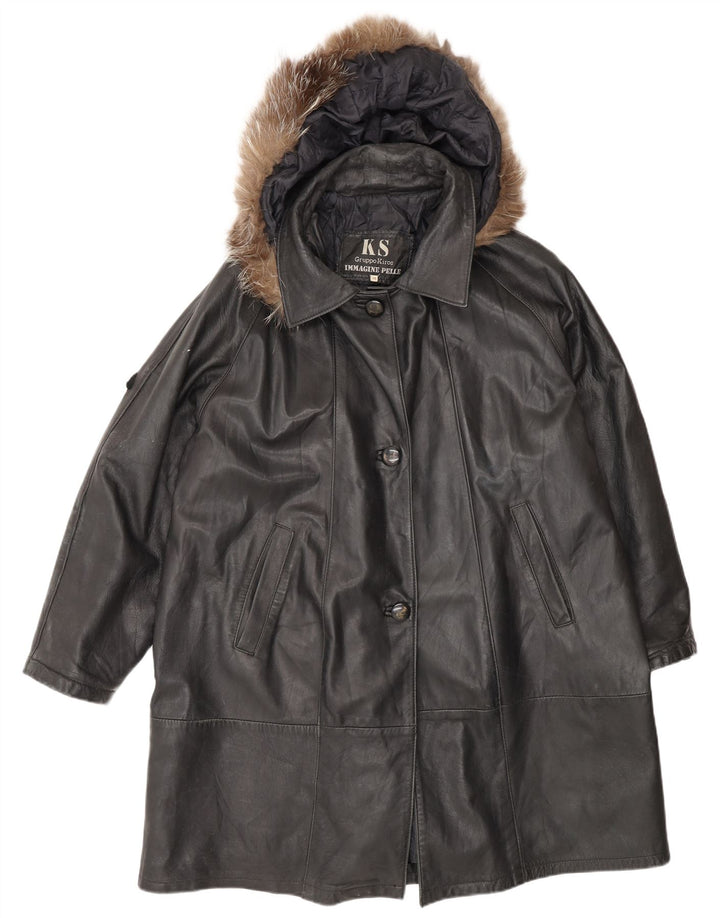 Kiros Damen-Übergroßer Ledermantel mit Kapuze IT 48 XL Schwarz