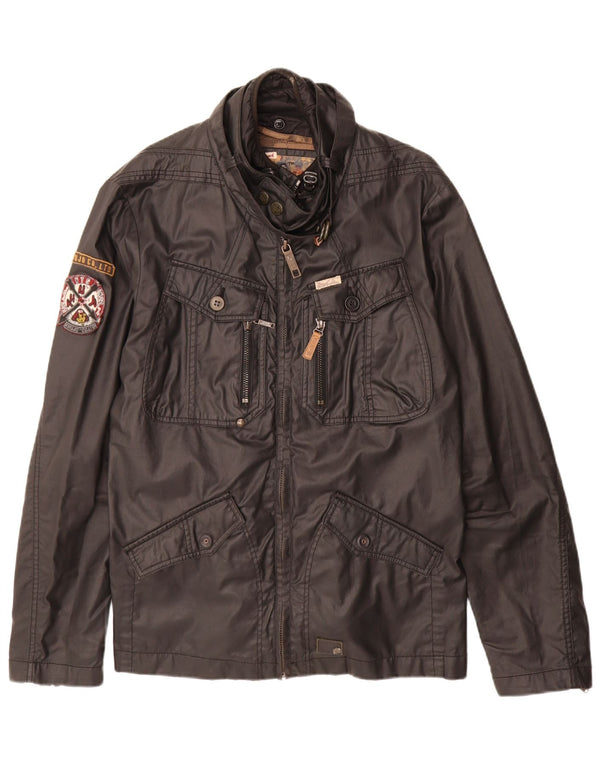 KHUJO Herren-Jacke aus gewachster Baumwolle mit Grafik, UK 40, Größe L, schwarze Baumwolle