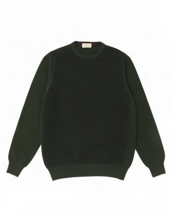 Brooksfield Mens Crew Neck Jumper Sweater IT 54 Medium Green Geometric Wool