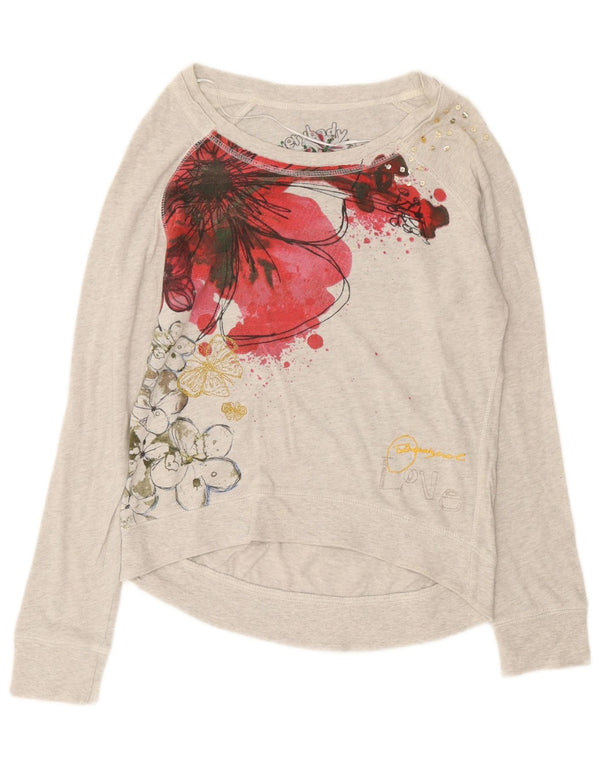 Desigual Damen Grafik-Sweatshirt-Pullover UK 14 Mittelgraue geblümte Baumwolle