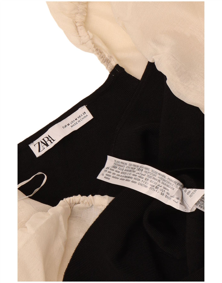 Zara Damen Langarm-Crop-Top UK 12 Mittelschwarz Farbblock