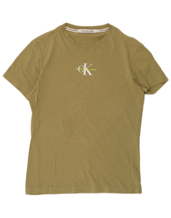 Calvin Klein Jeans Damen Grafik T-Shirt Top UK 6 XS Khaki Baumwolle