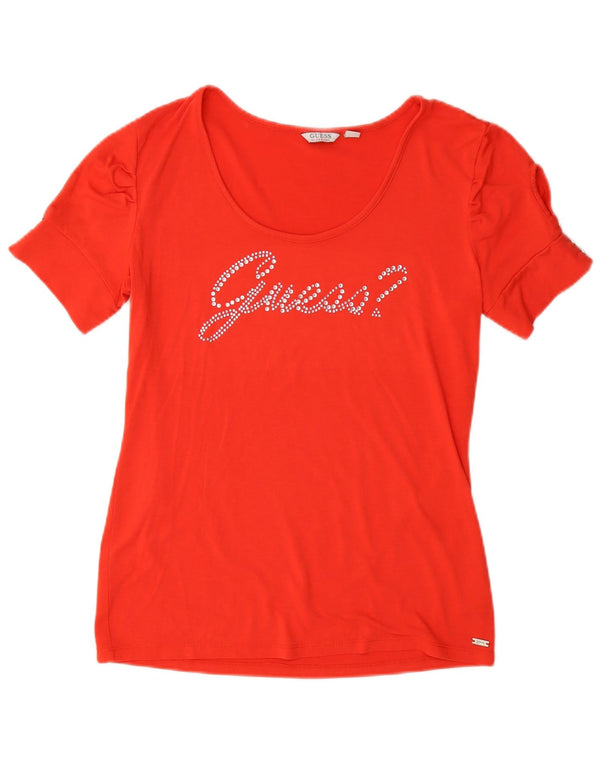 Guess Damen Kurzarm-T-Shirt mit Grafik, UK 12, Mittelrotes Logo