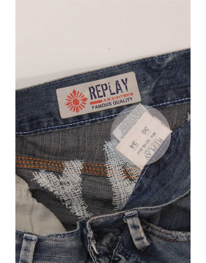 Replay Herren Graphic Straight Jeans W30 L34 Blaue Baumwolle