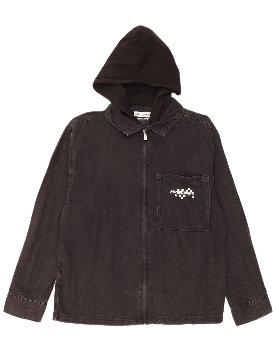 Zara Jungen-Jeansjacke mit grafischer Kapuze, 13–14 Jahre, Schwarz