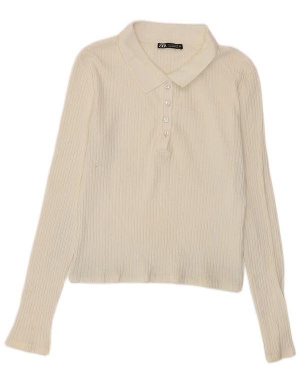 Zara Damen Crop Langarm-Poloshirt UK 14 Large Weiß