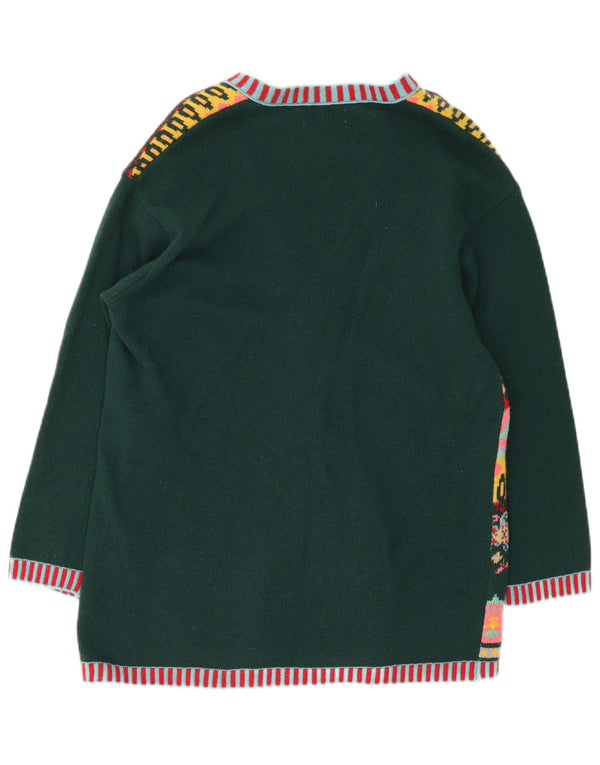 Benetton Damen-Strickjacke in Übergröße, Gr. 10, Größe S, grün, Fair-Isle-Wolle