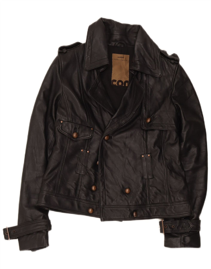 Conbipel Damen Zweireihige Lederjacke UK 12 Mittelschwarzes Leder
