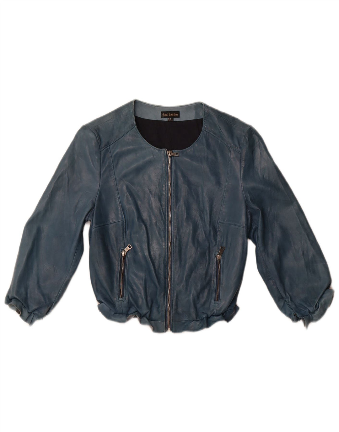 VINTAGE Damen Crop 3/4 Ärmel Lederjacke IT 44 Mittelblaues Leder