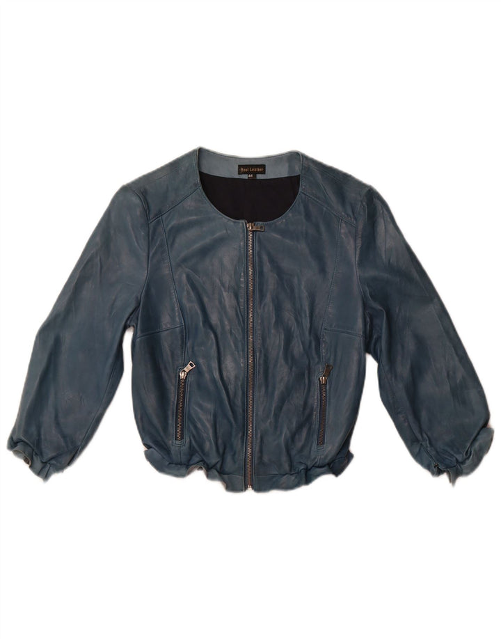 VINTAGE Damen Crop 3/4 Ärmel Lederjacke IT 44 Mittelblaues Leder