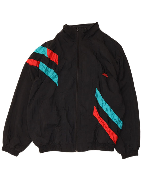 Vintage Mens Tracksuit Top Jacket XL Black Striped Nylon