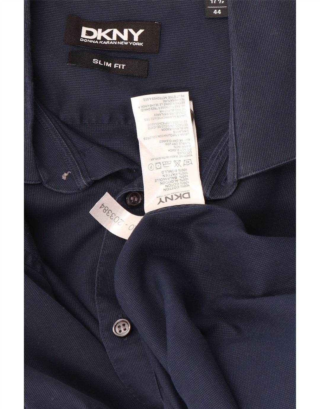 DKNY Herren-Hemd mit schmaler Passform, Größe 17 1/2 44 XL, marineblaue Baumwolle