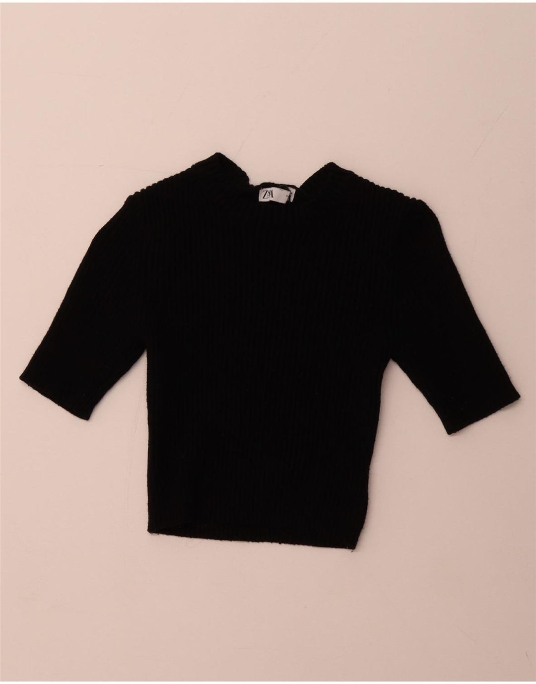 ZARA Damen Crop 3/4-Ärmel-Pullover mit U-Boot-Ausschnitt, Gr. 14, Schwarz