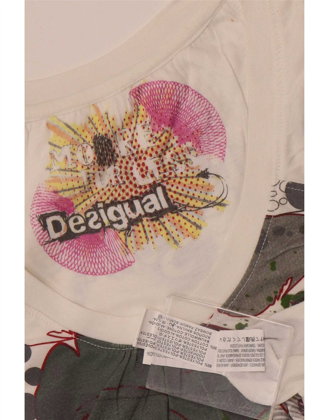 Desigual Damen Grafik-T-Shirt-Oberteil UK 12 Mittelweißes Polyester