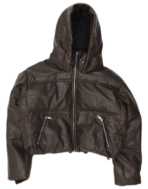 Zara Damen Übergroße, wattierte Kunstlederjacke mit Kapuze, UK 14, Mittelschwarz