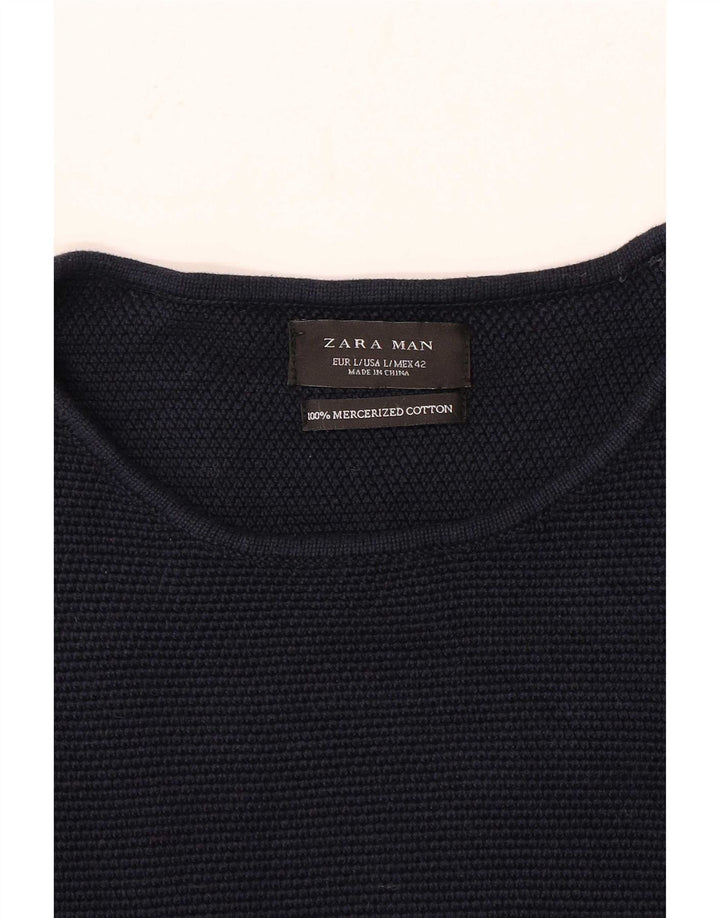 Zara Herren-Pullover mit Rundhalsausschnitt, groß, marineblaue Baumwolle