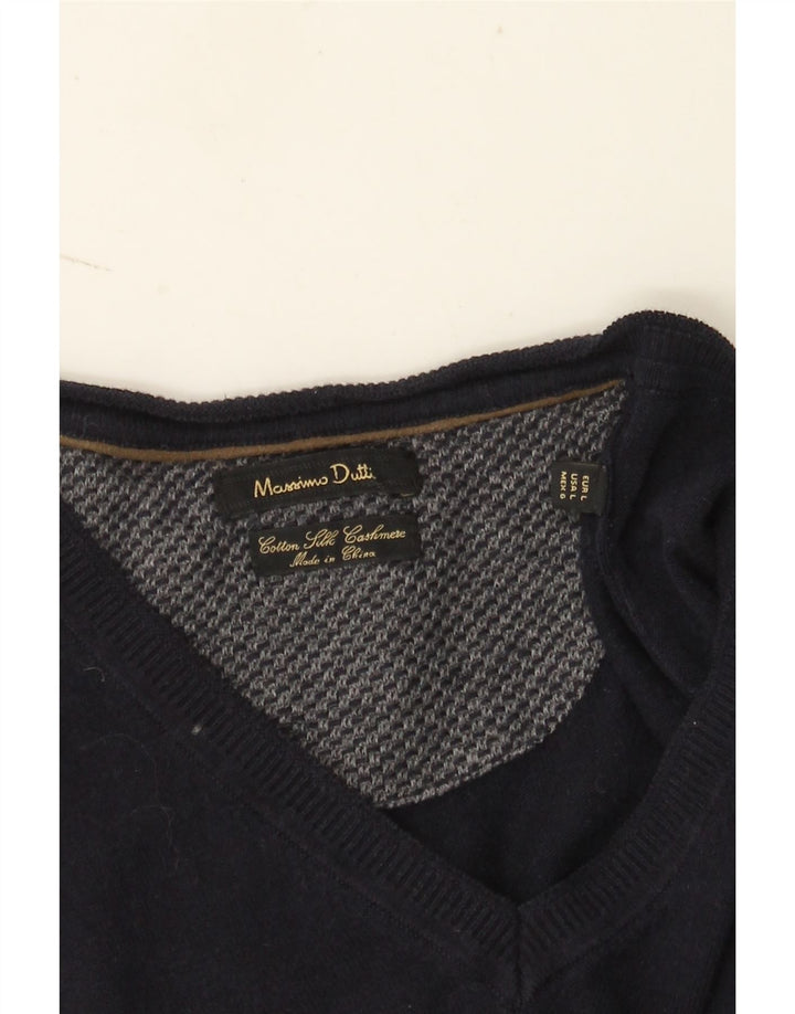 Massimo Dutti Herren-Pullover mit V-Ausschnitt, groß, marineblaue Baumwolle