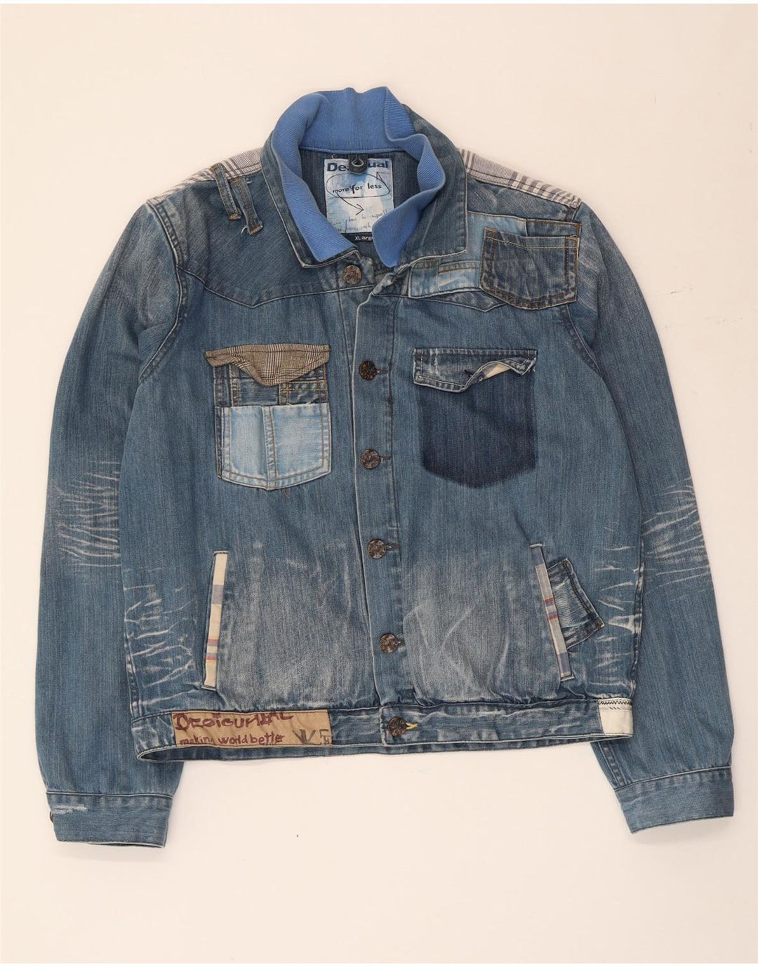 Desigual Herren-Jeansjacke mit Grafik, UK 42, XL, blaue Patchwork-Baumwolle