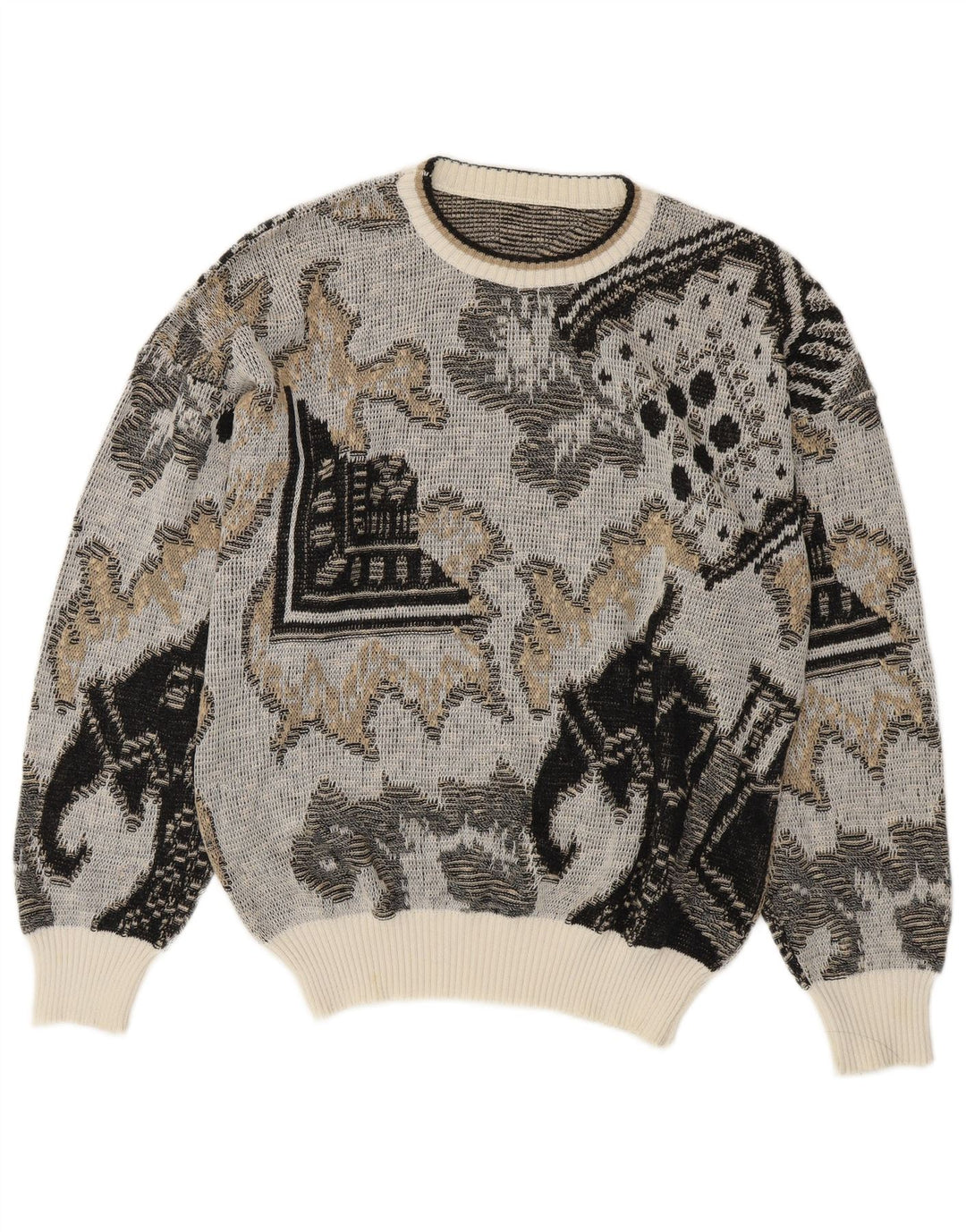 Vintage Herren-Pullover mit Rundhalsausschnitt, mittelgraue geometrische Baumwolle