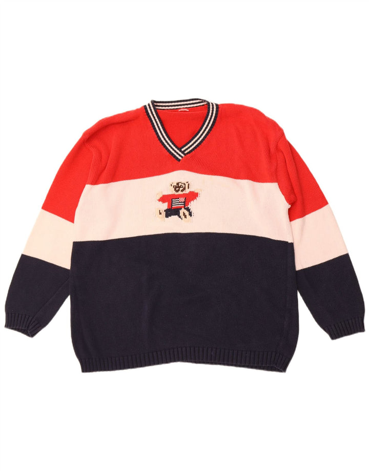 Vintage Herren-Pullover mit grafischem V-Ausschnitt, groß, mehrfarbig, Farbblock