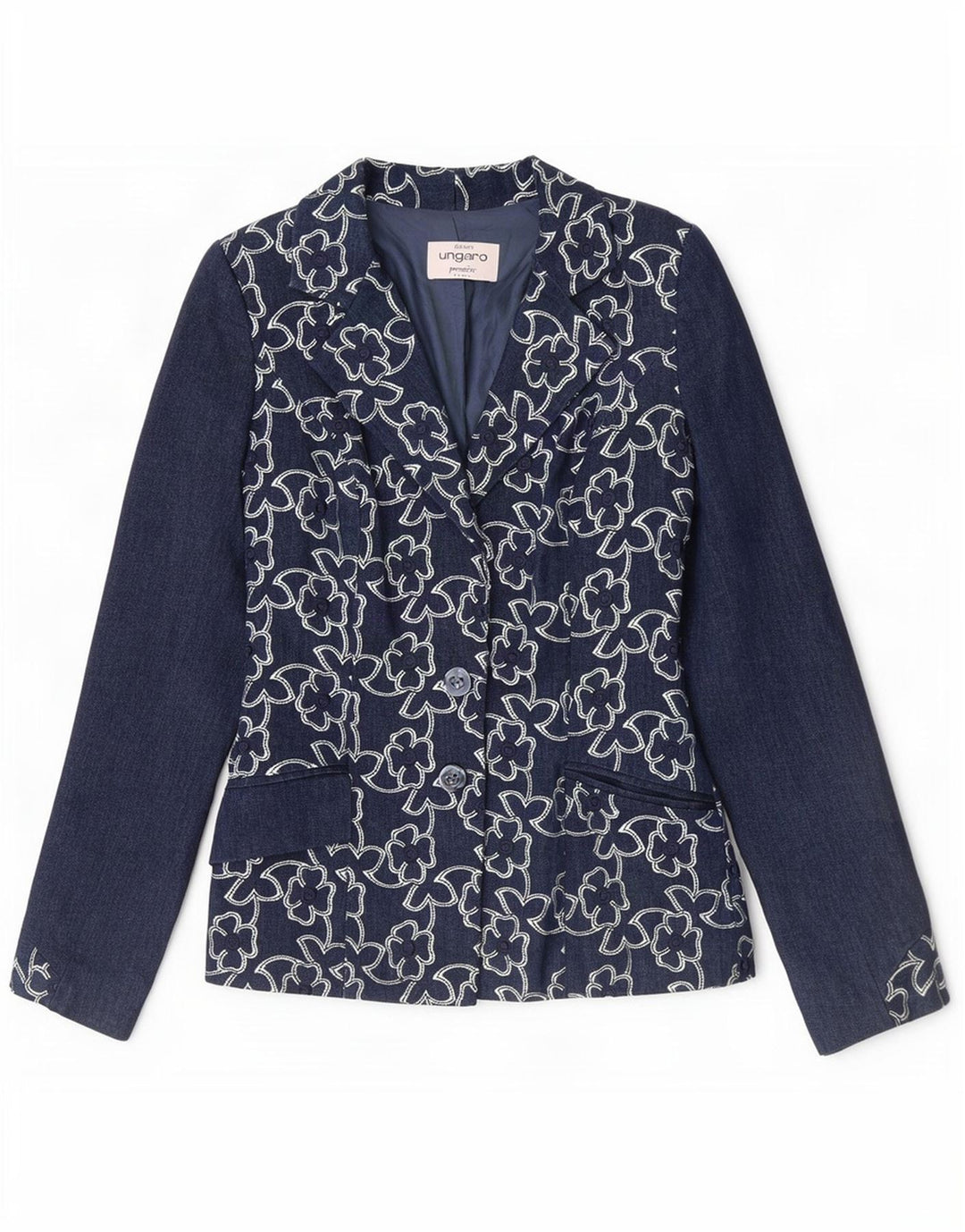 Ungaro Damen-Blazer mit 2 Knöpfen, Größe S, Marineblau, Blumenmuster