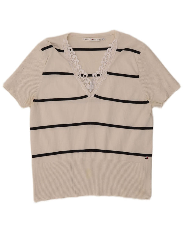 Tommy Hilfiger Damen T-Shirt Top UK 14 Große weiß gestreifte Baumwolle