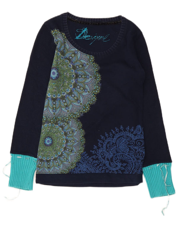 Desigual Womens Graphic Top Langarm UK 10 Small Navy Blue Floral Cotton