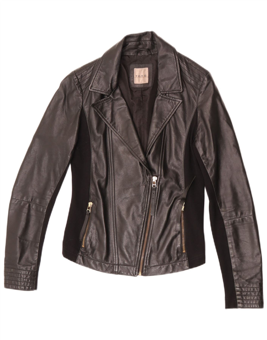 Toy G Damen Crop Leder Bikerjacke UK 8 Small Schwarzes Leder