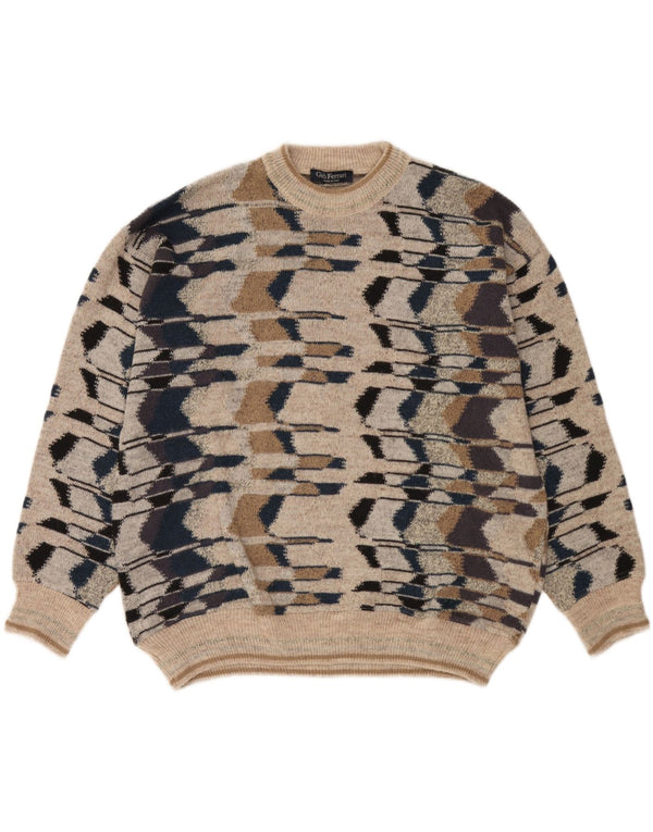 Gio Ferrari Herren-Pullover mit Rundhalsausschnitt, XL, beige, geometrische Merinowolle