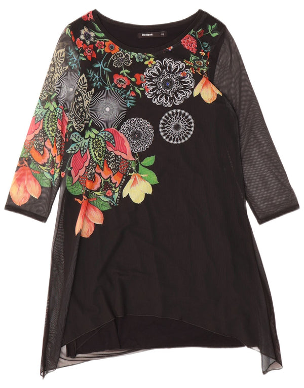 Desigual Damen Grafik-Tunikakleid UK 6 XS Schwarz geblümt
