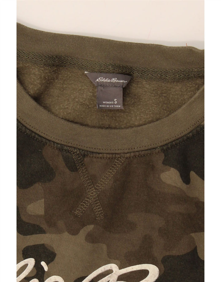 EDDIE BAUER Womens Graphic Sweatshirt Jumper UK 10 Small Khaki Camouflage Vintage Eddie Bauer and Second-Hand Eddie Bauer from Messina Hembry 
