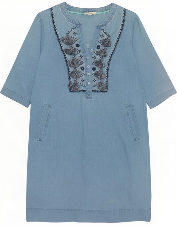White Stuff Womens 3/4 Sleeve Denim Dress UK 12 Medium Blue Floral Lyocell