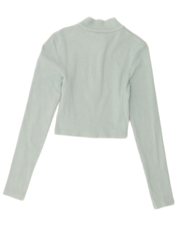 Zara Womens Crop Zip Neck Top Long Sleeve UK 8 Small Blue Cotton