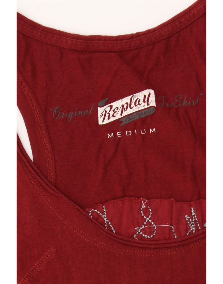 REPLAY Womens Graphic Vest Top UK 12 Medium Burgundy Vintage Replay and Second-Hand Replay from Messina Hembry 