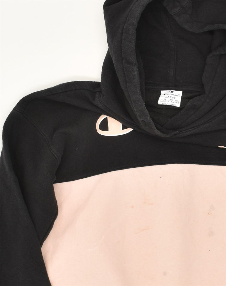 CHAMPION Womens Graphic Hoodie Jumper UK 14 Large Pink Colourblock Cotton | Vintage Champion | Thrift | Second-Hand Champion | Used Clothing | Messina Hembry 