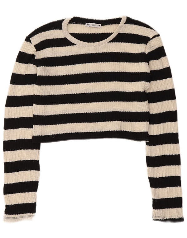 Zara Damen Crop U-Boot-Ausschnitt Pullover Pullover UK 10 Small Schwarz gestreift