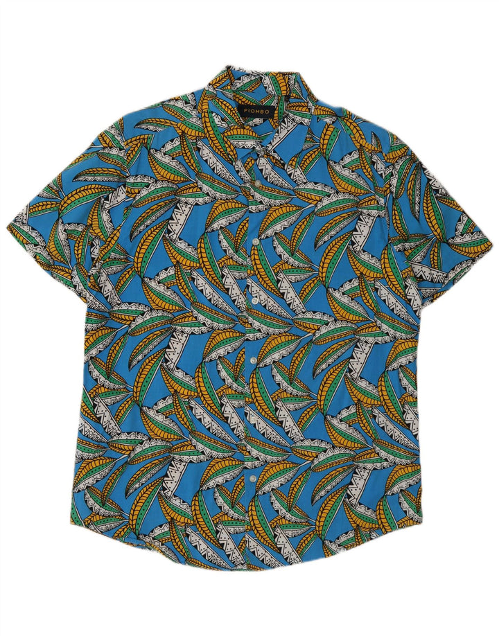 Piombo Herren-Kurzarmhemd aus mittelblauer, geblümter Baumwolle