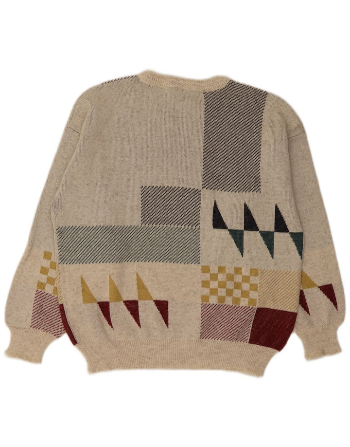 Vintage Herren Pullover mit Rundhalsausschnitt IT 48 Medium Off White Geometrische Wolle