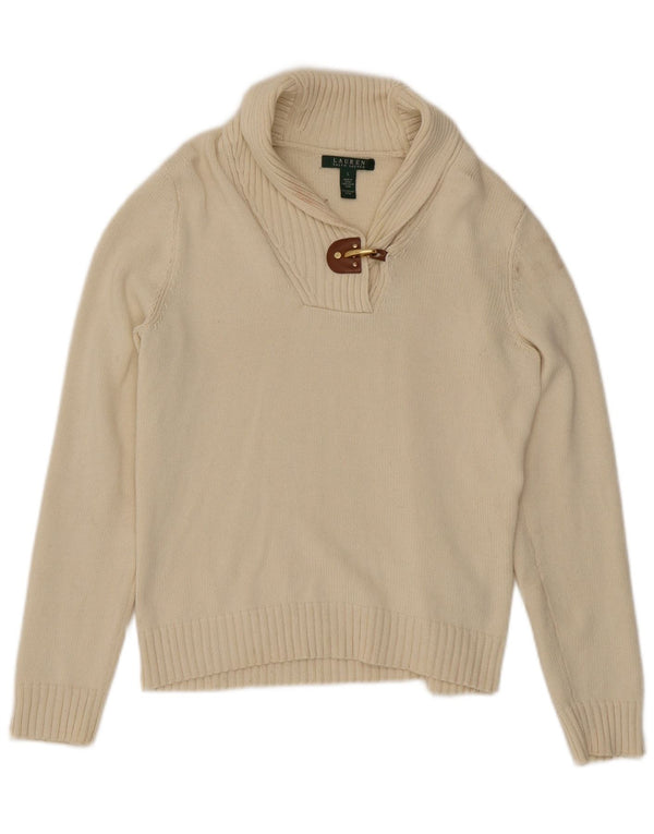 Ralph Lauren Damen-Pullover mit Schalkragen, UK 14, Größe L, Beige, Baumwolle