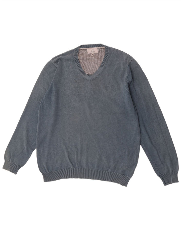 Marks & Spencer Herren-Pullover mit normaler Passform und V-Ausschnitt aus mittelblauer Baumwolle