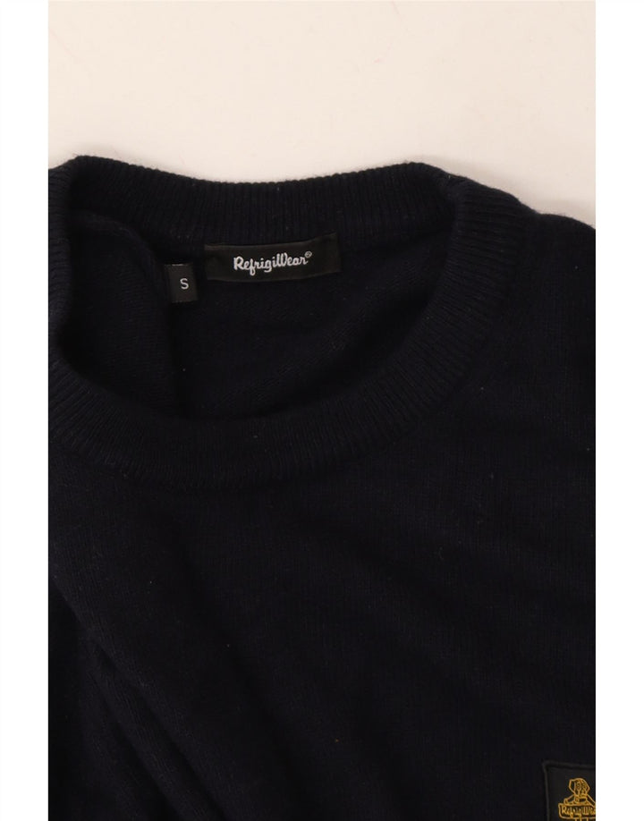 REFRIGIWEAR Mens Crew Neck Jumper Sweater Small Navy Blue Polyamide Vintage Refrigiwear and Second-Hand Refrigiwear from Messina Hembry 