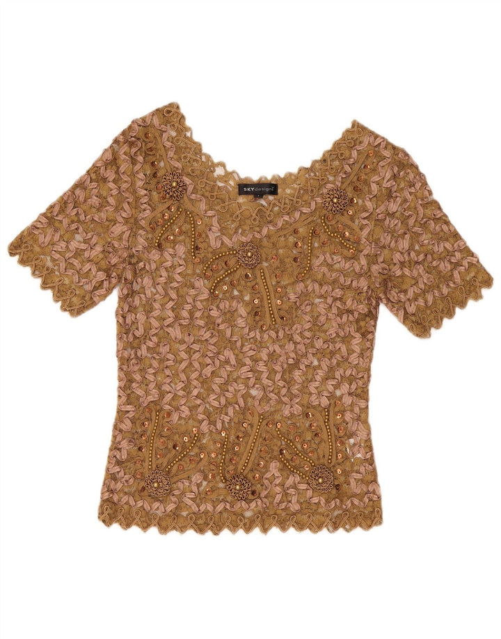Sky Design Damen-Spitzenblusenoberteil US 1 XS Beige geblümtes Polyester