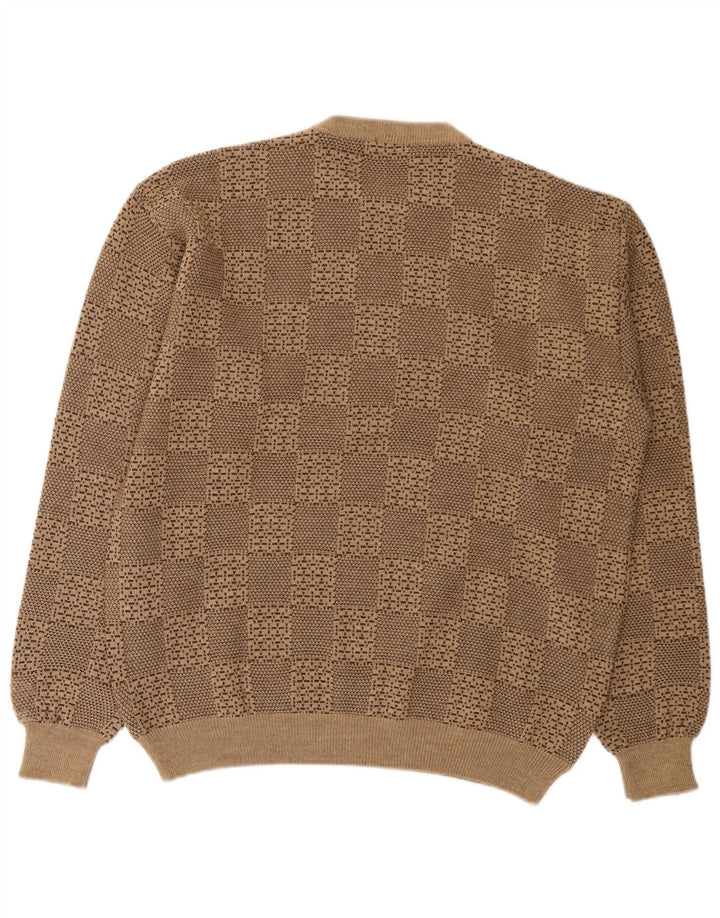 Vintage Herren Pullover mit Rundhalsausschnitt, groß, beige, geometrische Wolle
