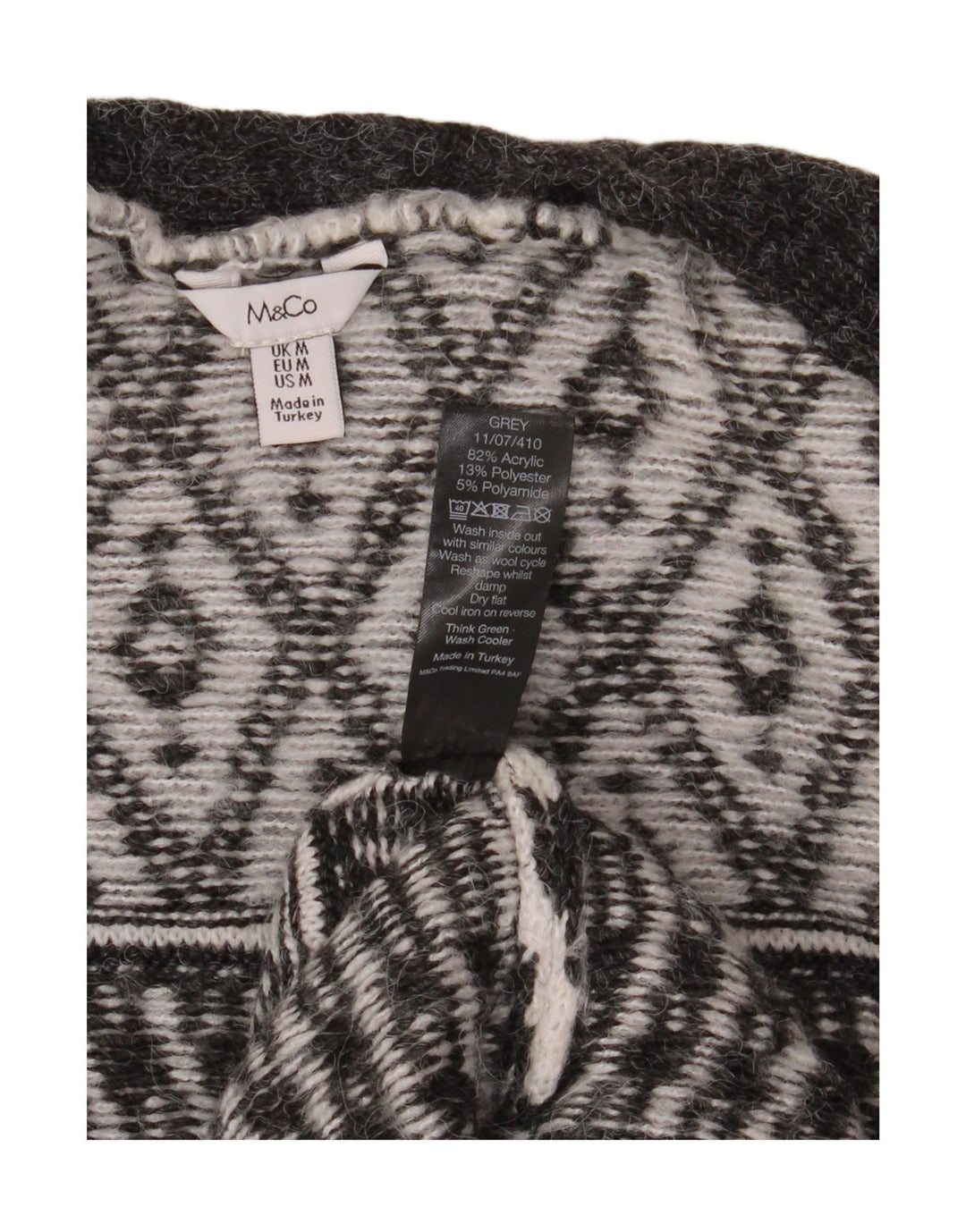 Offener Damen-Cardigan von M&CO, UK 14, mittelgraues Argyle/Diamant-Acryl