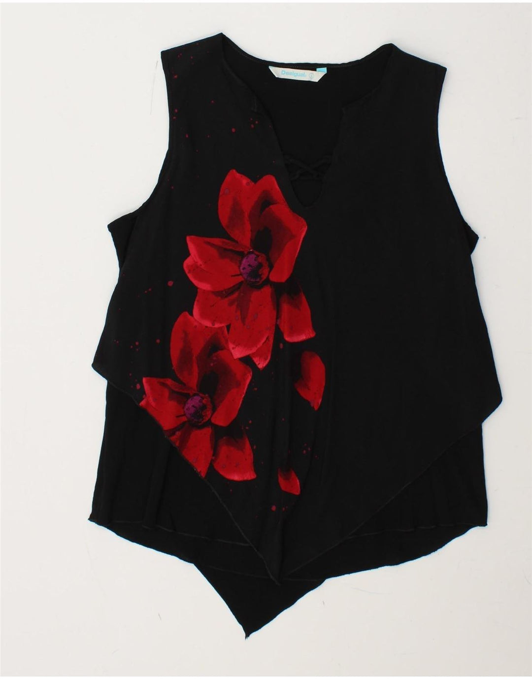 DESIGUAL Damen ärmelloses Blusenoberteil UK 14 Large Schwarz geblümt