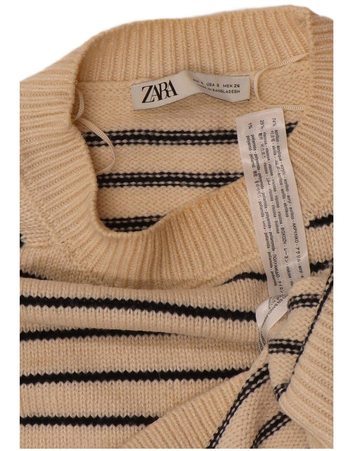 ZARA Damen Pullover mit bauchfreiem U-Boot-Ausschnitt, Gr. 10, Größe S, gebrochenes Weiß, gestreift